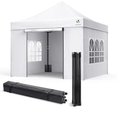 VOUNOT Gazebo 3x3m Pieghevole con 4 Parti Laterali, Gazebo da Giardino Tenda Padiglione Pop up con 4 Sacchi di Sabbia di Peso e Sacca di Trasporto, Bianco