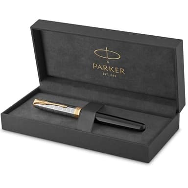 Parker Sonnet Penna Stilografica | Laccata Premium Metal & Black con finitura lucida e finiture placcate in oro | Pennino fine in oro 18 carati con cartuccia d'inchiostro nero | Confezione regalo