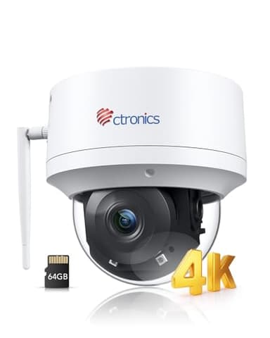 Ctronics 4K 8MP Telecamera WiFi Esterno, Rilevamento AI Persone/Veicoli/Animali, Auto-Tracking, Visione Notturna UHD IR, SD 64G Inclusa, 8 Preset, 2.4/5GHz, 256GB TF/FTP/Cloud, Soffitto/Parete