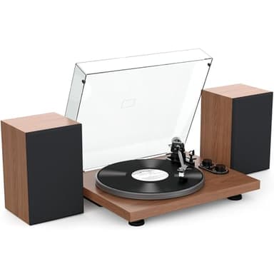 Udreamer Giradischi Sistema Hi-Fi con Altoparlanti da Scaffale da 40 W, Lettori Vinile Bluetooth con Piatto in Alluminio, Trasmissione a Cinghia a 2 Velocità, Contrappeso Regolabile, AT-3600L, Marrone