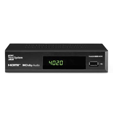TELE System Decoder TS4020 con doppio tuner DVB-T/T2 e DVB-S/S2 HEVC HD HDR10 HLG. Accedi a TV e radio free to air, terrestri e satellitari. Lettore multimediale USB per musica, foto e video su TV