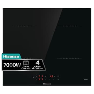 Hisense HIA64UK Piano cottura a induzione, Vetroceramica, 4 zone di cottura, Funzione Power Boost, Timer di cottura, Nero, 59,5 × 0,6 × 52 cm