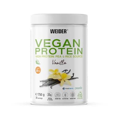 Weider Vegan Protein (750g) Gusto Vaniglia. Proteine Vegane 23g/dose isolate di piselli e riso, Con Vitamina B12 e Stevia, Senza Glutine, Senza Zucchero, Contenitore 50% Riciclato, 100% Riciclabile