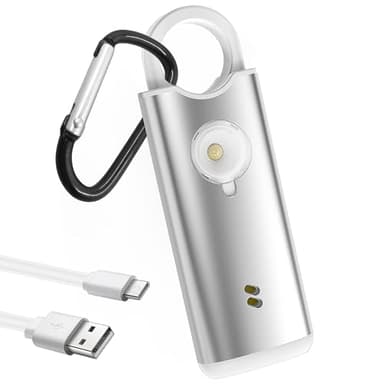 Qoosea Allarme di Sicurezza Personale Ricaricabile con Moschettone - 135dB, Sensore Vibrazione, Luce Strobe & Tasto Emergenza per Viaggiatori Business, Zaino in Spalla, Donne, Uomini(Bianco Argento)