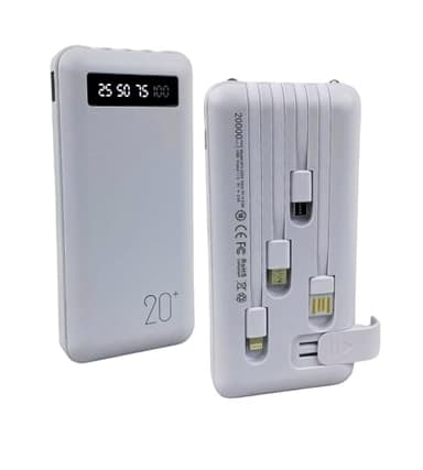 Power Bank 20000mAh, Powerbank USB con 4 Cavi Integrati, Ricarica Veloce, Caricabatteria Portatile 2 Ingressi Batteria Esterna Fast Charge con Torcia LED Compatibile Smartphone Tablet