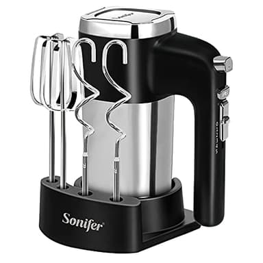 Sonifer Frullatore a mano in acciaio inox, 500 W, miscelatore elettrico, 5 livelli più turbo, design pulsante di espulsione, lavabile in lavastoviglie, 2 ganci, 2 fruste, 1 base
