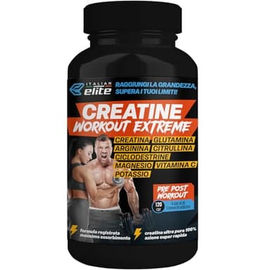 Italian Elite® Creatine Extreme, Creatina con Glutammina, Arginina, Citrullina, Vit C Magnesio, Potassio, Ciclodestrine. Pre Post Workout 120cp Monoidrata Micronizzata a Rapido Assorbimento Muscolare