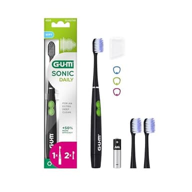 GUM SONIC DAILY Spazzolino elettrico sonico a batteria | Per una pulizia delicata e approfondita | 1x spazzolino da denti, 2x testine di ricambio, 1x batteria AAA (nero)