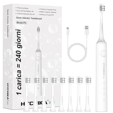 Autonomia di 240 giorni Spazzolino Elettrico per Adulti,Spazzolino Ricaricabile con Batteria da 2500 mAh,8 Testine di Ricambio,3 Modalità di Pulizia,Impermeabile IPX7,Timer da 2 Minuti,Bianco
