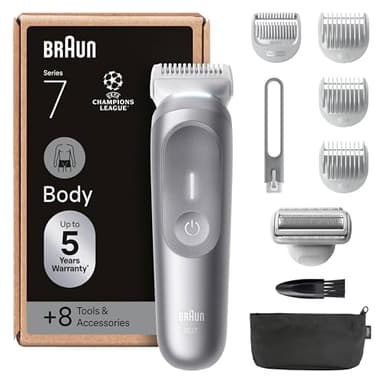 Braun Rasoio Elettrico Corpo Uomo Series 7, +8 Strumenti Cura Corpo, Luce Smartlight & SkinGuard, 100 Min Utilizzo, Testine SmoothShave & SensitiveTrim, Impermeabile, Rasoio Intimo Uomo, Grigio