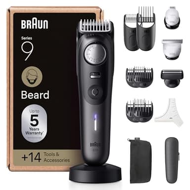 Braun Regolabarba Uomo Serie 9, +14 Strumenti Da Barbiere, Rasoio Elettrico Barba, Lama ProBlade Affilata A Vita, 180 Min, Selettore Di Precisione Con 52 Lunghezze, Impermeabile, BT9565, Titanio