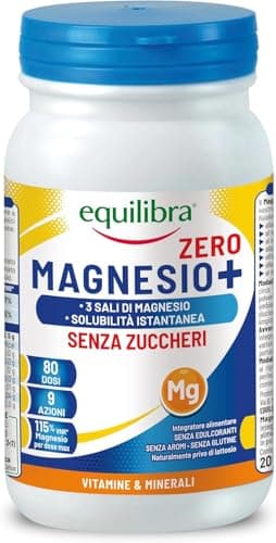 equilibra, Magnesio+ Zero, Integratore Magnesio, Barattolo 200 g, Magnesio Carbonato, Bisglicinato e Pidolato, Solubilità Istantanea, Riduzione Stanchezza e Affaticamento, Senza Aromi, Senza Glutine