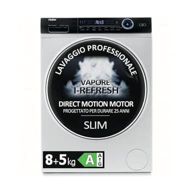 Haier I-Pro Serie 7 Lavasciuga Slim 8+5 Kg, Libera Installazione, Carica Frontale, 59,5 x 56 x 85 cm, 1400 Giri, Classe A/D, Trattamento Antibatterico, Rilevamento Carico, Bianca - HWD80-B14979