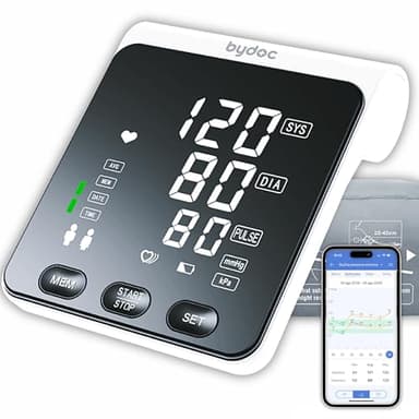 Misuratore Pressione da Braccio, Clinicamente Validato, Facile da usare, con App per Salvataggio Dati e monitoraggio Pressione Arteriosa e Frequenza Cardiaca BYDOC