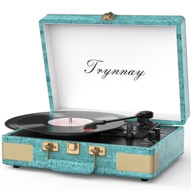 Trynnay Giradischi Bluetooth a 3 marce, lettore portatile in vinile con altoparlanti integrati, giradischi, audio migliorato, pelle cerata, retro blu