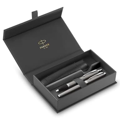 Parker IM Duo Pen Gift Set | Stilografica, penna a sfera e astuccio per penna | Finitura in acciaio inox con finiture cromate | Punta media | Ricariche inchiostro blu | Regali di laurea perfetti