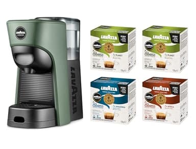 Lavazza, A Modo Mio Macchina per Caffè Tiny Eco Verde con 64 Capsule ¡Tierra! Assortite, Macchina per Espresso in Plastica Riciclata, 1450 W, 220-240 V, 50/60 Hz, 0.6 Litri