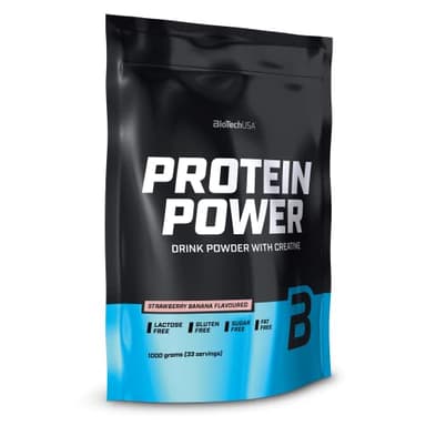 BioTechUSA Protein Power - Alto contenuto proteico, senza zucchero, senza lattosio, senza glutine e con aggiunta di creatina, 1000 g, Fragola e Banana