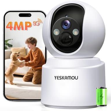 YESKAMOU 4MP 2.5K Telecamera WiFi Interno Senza Fili con Batteria 6000mAh, 360° Telecamera Batteria Interno, Rilevazione di Movimento PIR, Visione Notturna a Colori, 2.4G/5G Wi-Fi
