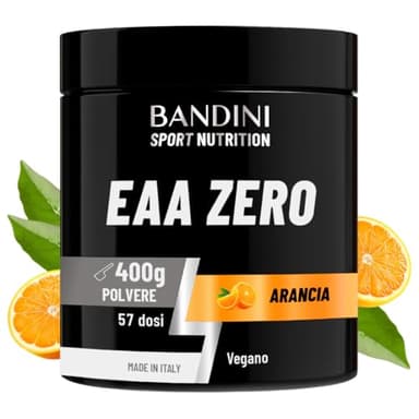 Bandini® EAA Essential AMINO in polvere - 400 g powder - Con 9 Amminoacidi Essenziali Fermentati e Ramificati BCAA 2:1:1 - Recupero Muscolare - Intra Pre Post Workout - 100% Vegan - Gusto Arancia