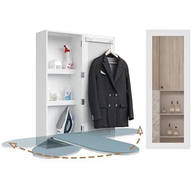 Organizedlife Armadio asse da Stiro a Manica,Assi da Stiro Pieghevole Montaggio a Parete Integrato con Specchio,Tavolo da Stiro con Staffe in Metallo,Girevole 180 Gradi,Bianco