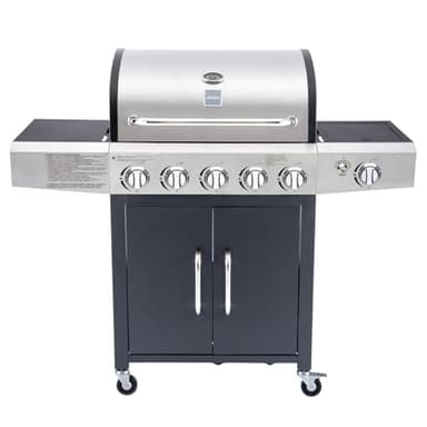 Arsard Barbecue a Gas Professionale XXL Con 6 Fuochi Multifunzione Da 19 KW, Completo Di Bruciatore Laterale, Coperchio, Termometro, Griglia In Ghisa, Ruote, Portabombola E Struttura In Acciaio Inox