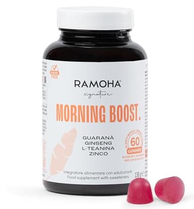 60 Gummies per Energia Mentale e Focus con Guaranà, Ginseng e L-Teanina, Vitamina B6, B12 e Zinco - Chiarezza e Lucidità senza Agitazione, ideale per Studio e Lavoro Intenso - Morning Boost Ramoha