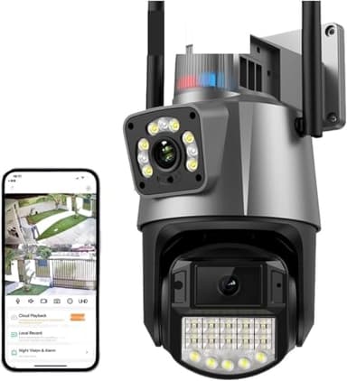 SQUADO Telecamera di Sicurezza PTZ Esterna 4K 8MP, Doppia Lente, Zoom 4X, Visione Notturna a Colori, Monitoraggio AI, con App