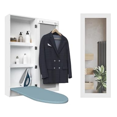 Organizedlife Armadietto per asse da stiro, armadietto portaoggetti da parete con specchio, staffe in metallo, pieghevole e nascosto per risparmiare spazio, bianco