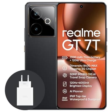 realme GT 7T 5G Smartphone,12+256GB,Batteria 7000mAh,120W charge,Processore Dimensity 8400-MAX, Fotocamera IMX896 50MP, AI Planner, Display Pro-Esports da 6000 nit 120Hz,IP69,nero, esclusiva Amazon