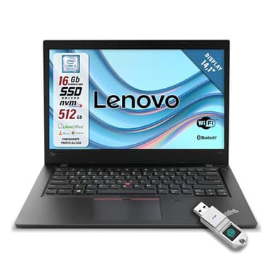 Lenovo ThinkPad, Pc portatile Intel i5-8250U Pronto All'Uso con Libre, Notebook Con Display da 14,1", Ram 16Gb, SSD 512Gb, Tastiera QWERTY + Chiavetta FingerPrint (Ricondizionato)