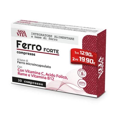 Sanavita Ferro Forte Integratore Alimentare con Ferro Alto dosaggio, Vitamina C, Rame, Acido Folido e Vitamina B12 Alo Dosaggio - 30 compresse
