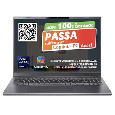 acer Aspire 16 AI Laptop | Display 16” WUXGA+ OLED | Processore Intel Core Ultra 7-256V | 16 GB RAM | 512 GB SSD | Copilot+ PC | Windows 11 | QWERTY | PC Portatile IA