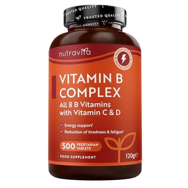 Nutravita Vitamina B Complex con Vitamina C + Vitamina D - 500 Compresse per Una Scorta di 1 Anno - Tutte le 8 Vitamine B + Biotina - Metabolismo, funzione mentale, sistema nervoso (EFSA)