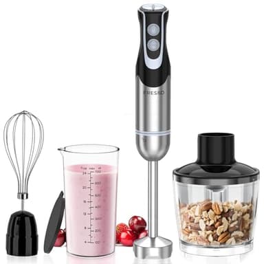 FRESKO Frullatore a Immersione 4-in-1, 1000 W Minipimer Immersione in 304 Acciaio Inossidabile, con 12 Velocità e Modalità Turbo, Antispruzzo Design, Include Misurino, Tritatutto e Frusta (HB3302)