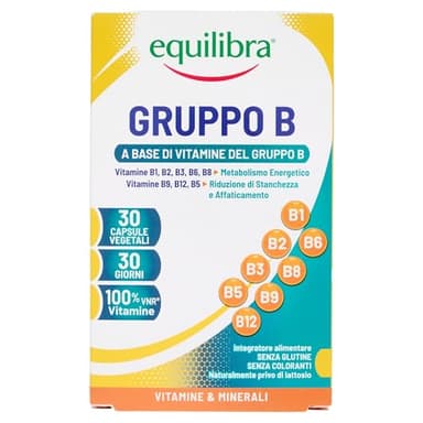 Equilibra Integratori Alimentari, Gruppo B, Integratore di Vitamine del Gruppo B per la Riduzione di Stanchezza e Affaticamento e per il Normale Metabolismo Energetico, 30 Capsule