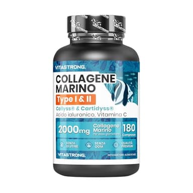 Collagene Marino con Acido Ialuronico, 180 Compresse da 2000mg a Dose con Vitamina C, Vitastrong Collagene Marino Tipo I&II Collyss® & Cartidyss®, Formula Efficace, Qualità Premium Senza Glutine, OGM
