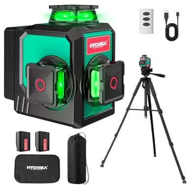 HYCHIKA Livella Laser Autolivellante 3x360°, Livello Laser con Treppiede, 2 x 3000mAh Batterie, 1 Cavo di Ricarica, 2 Borse in Tessuto e 1 Telecomando, IP54