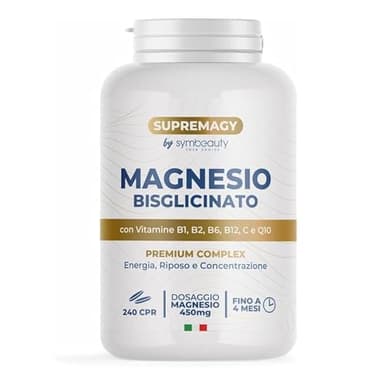 SUPREMAGY MAGNESIO BISGLICINATO 450mg (Fornitura 4 Mesi) 240 CPR - Magnesio Completo | Vitamina B12, B1, B2, B6, C e Coenzima Q10 | Integratore Stanchezza Fisica e Mentale - Vegano e Made in Italy