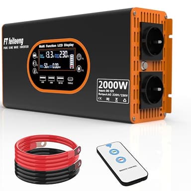 2000W inverter 12v 220v onda pura - trasformatore 12v di tensione Display LCD con 2 prese UE e 3 porte USB e una porta di tipo C,presa con telecomando per camper, auto e campeggio