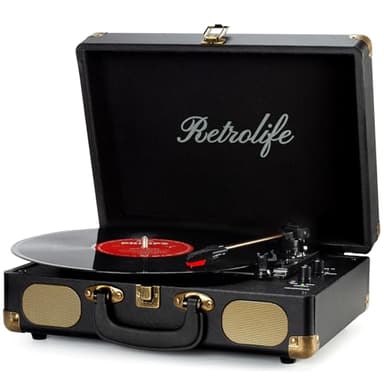 Giradischi Bluetooth 3-Velocità 33/45/78 Giri, Stereo Portatile Vintage Giradischi in Vinile con Altoparlanti Incorporati, Uscita Linea RCA, Ingresso AUX, Jack per Cuffie