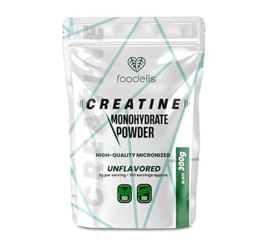 Foodelis Creatina Monoidrata Micronizzata in polvere 300g /100 porzioni - Insapore - Altamente solubile - Migliora le prestazioni fisiche e la forza muscolare - Pura, senza additivi - Include dosatore