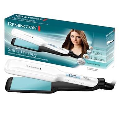 Remington Piastra per Capelli Larga - Shine Therapy: Rivestimento Ceramico con ingredienti microattivi per maggiore brillantezza - Olio di argan marocchino e vitamina E, Display LCD, 150-230°C, S8550