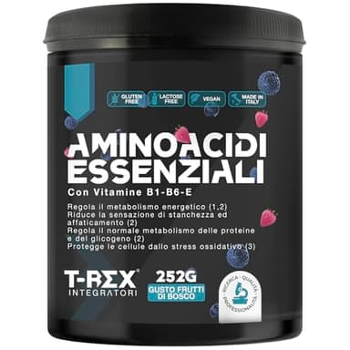 EAA Aminoacidi Essenziali con mix di vitamine B1, B6 ed E - Integratore di amminoacidi naturali vegan ottenuti da fermentazione T-Rex Integratori (Polvere, Frutti di Bosco)