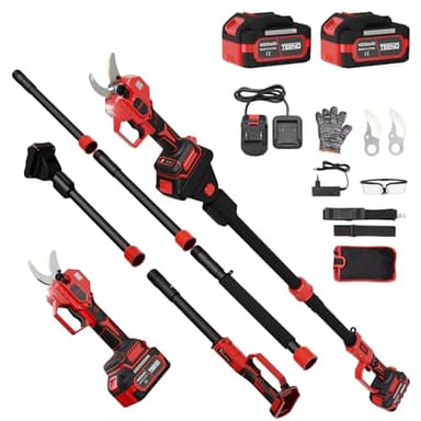 TEENO Forbici da Potatura a Batteria 2 in 1, 50mm con Asta Telescopica 3m, 2x4000mAh, Motore Brushless, Lama SK5, 3 Modalità di Taglio, Cavo Prolunga Batteria 1,05m per Giardino