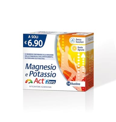 Magnesio Potassio Act Zero, Integratore Alimentare al Gusto Agrumi SENZA ZUCCHERI, a base di Magnesio, Potassio e Vitamina C - Confezione da 14 bustine