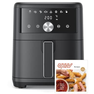 Friggitrice ad Aria Calda Senza Olio 6L, Air Fryer Design Compatto con Touch Screen Digitale, 8 Programmi (Ricette Italiane), Silenziosa (<50dB), Ideale per Famiglie, 1500W, Color Nero