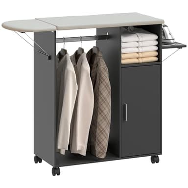 HOMCOM Mobile Asse da Stiro Pieghevole con Ruote a Freno e Portaferro da Stiro, Mobile da Stiro Multiuso con Barra Appendiabiti, Ripiani Regolabili, per Lavanderia, Bagno, 127x42.5x99 cm, Nero