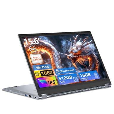 PC Portatile 2 in 1, Notebook R3 3200U CPU, Win 11 PC Portatile 16 GB RAM 512 GB SSD, 15,6 Pollici Notebook 1080P Touchscreen Flip 360°, Radeon Graphics GPU, Laptop con RJ45+USB 3.0+Mini-HDMI+Webcam