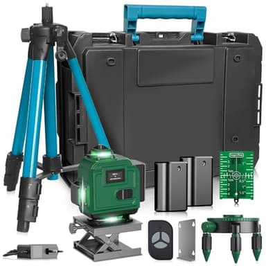 4x360° Livella Laser con Treppiede, 16 Linee Livella Laser Autolivellante Verde Professionale, Livello Laser con Modalità Impulsi, 2xBatterie, Telecomando, Display Digitale